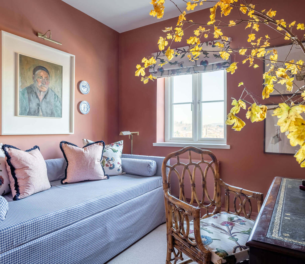 A guest room at Ana Lower Farm dressed with bespoke curtains and soft furnishings
